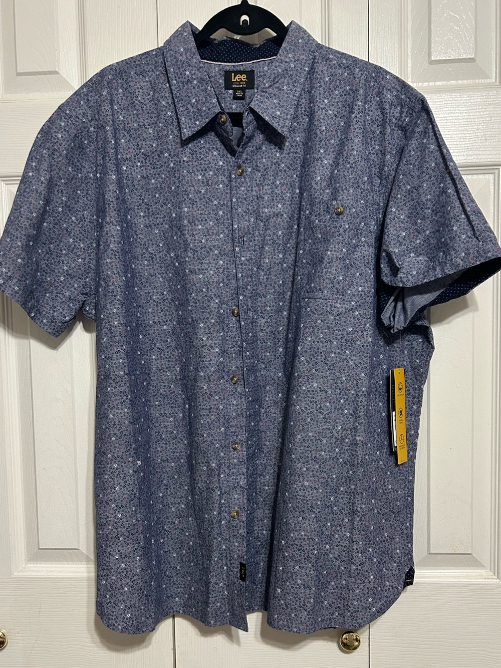 Lee Men's Cotton Short-Sleeve Navy Blue Microprint Button-Down Shirt